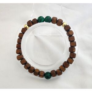 Wood Bead Bracelet w/ Malachite Gemstone Accents – Handmade
